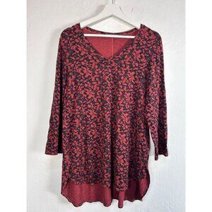 Cut Loose Womens V-Neck Tunic Top Medium Red Black Leaf Print 3/4 Sleeve Hi-Low